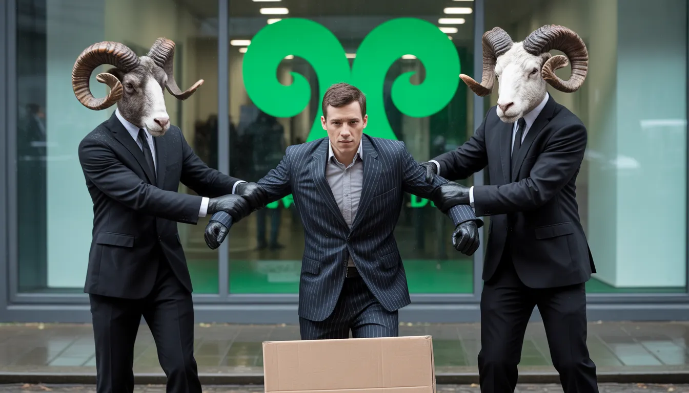 A cowboy in a cheap pinstripe suit being frog-marched out of a glass-fronted agency office by two ram-headed men in sharp black overcoats.