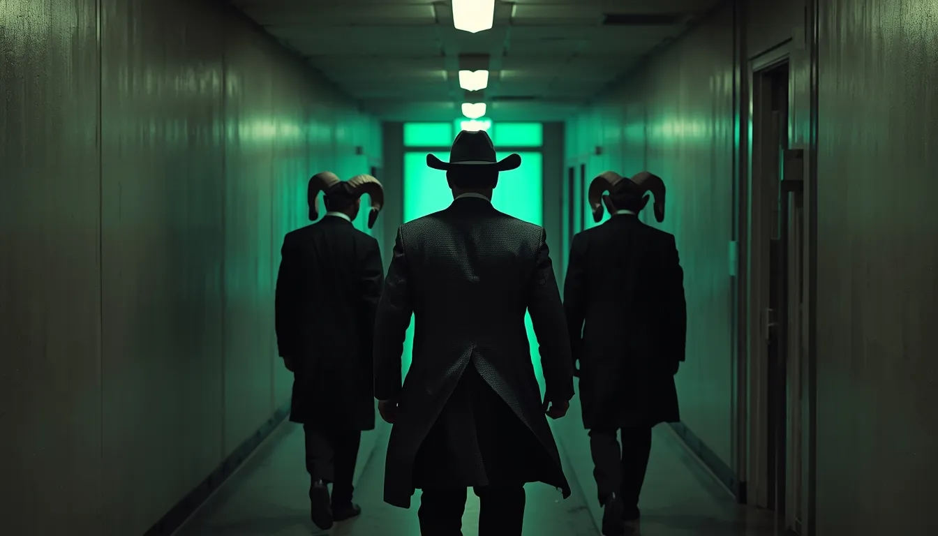 A cowboy in a wide-brim hat walking ahead of two ram-headed figures down a green-lit corridor, rear-view.