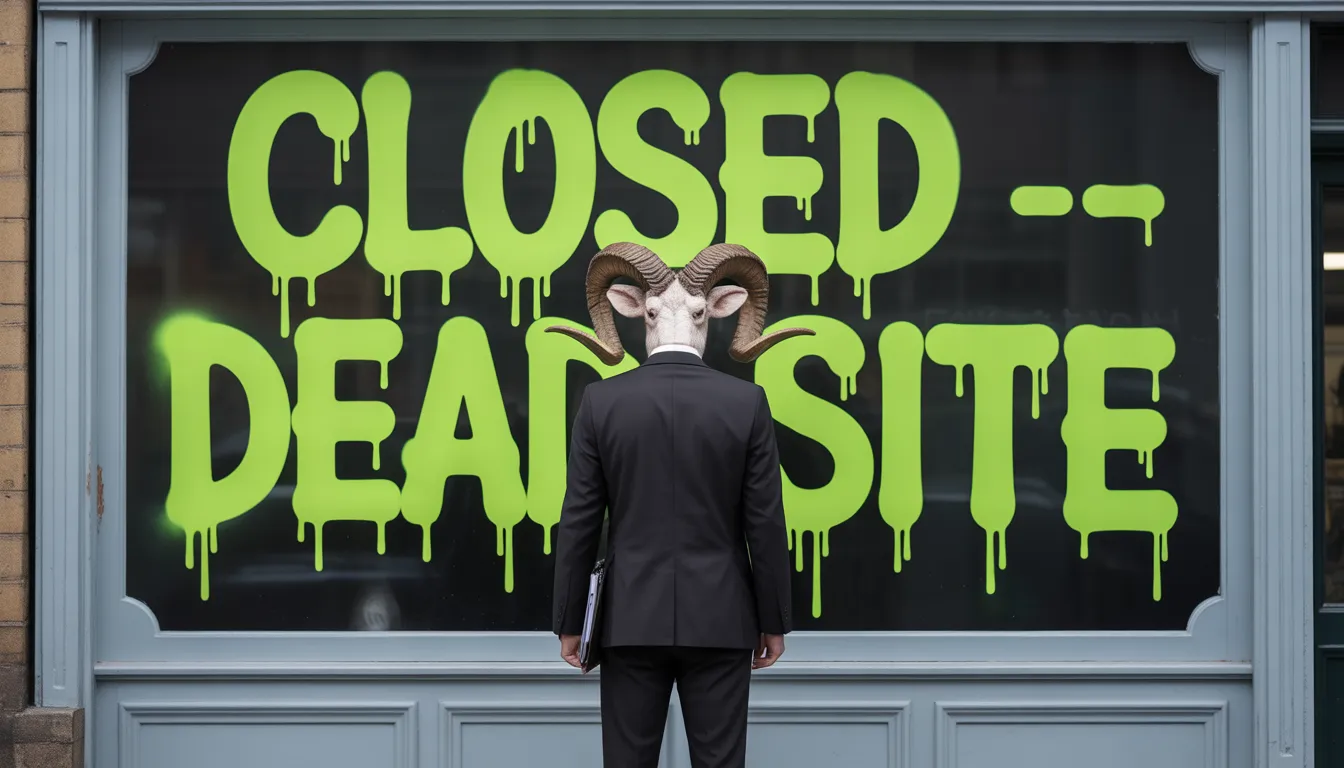 A boarded-up shopfront on a grey British high street, with 'CLOSED, DEAD SITE' sprayed in neon green across the plywood, a ram-headed man in a dark suit facing it.