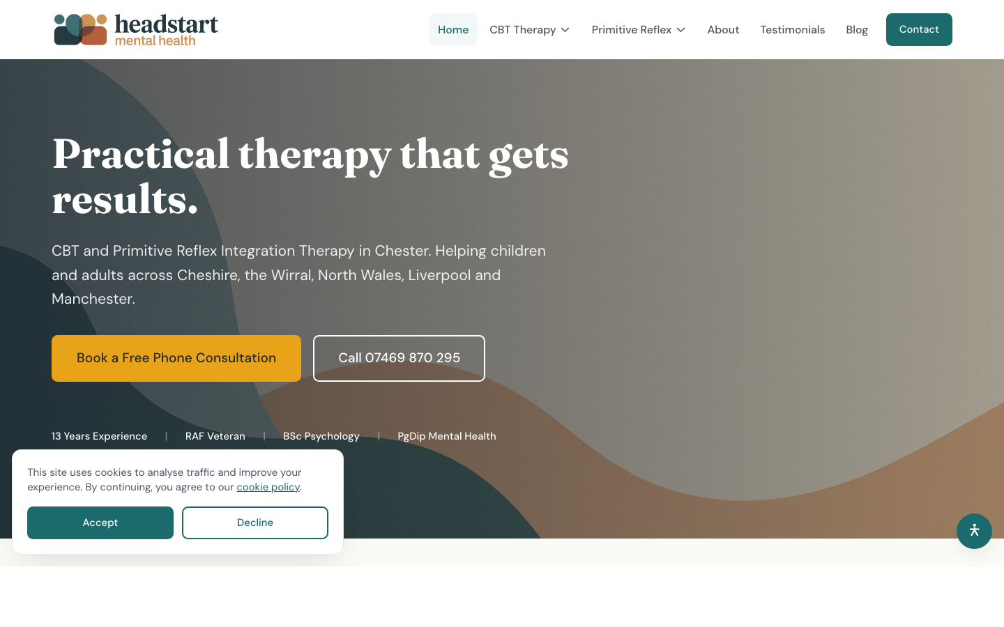 Head Start Mental Health's rebuilt website, modern teal-and-cream layout with a single clear headline and two CTAs.