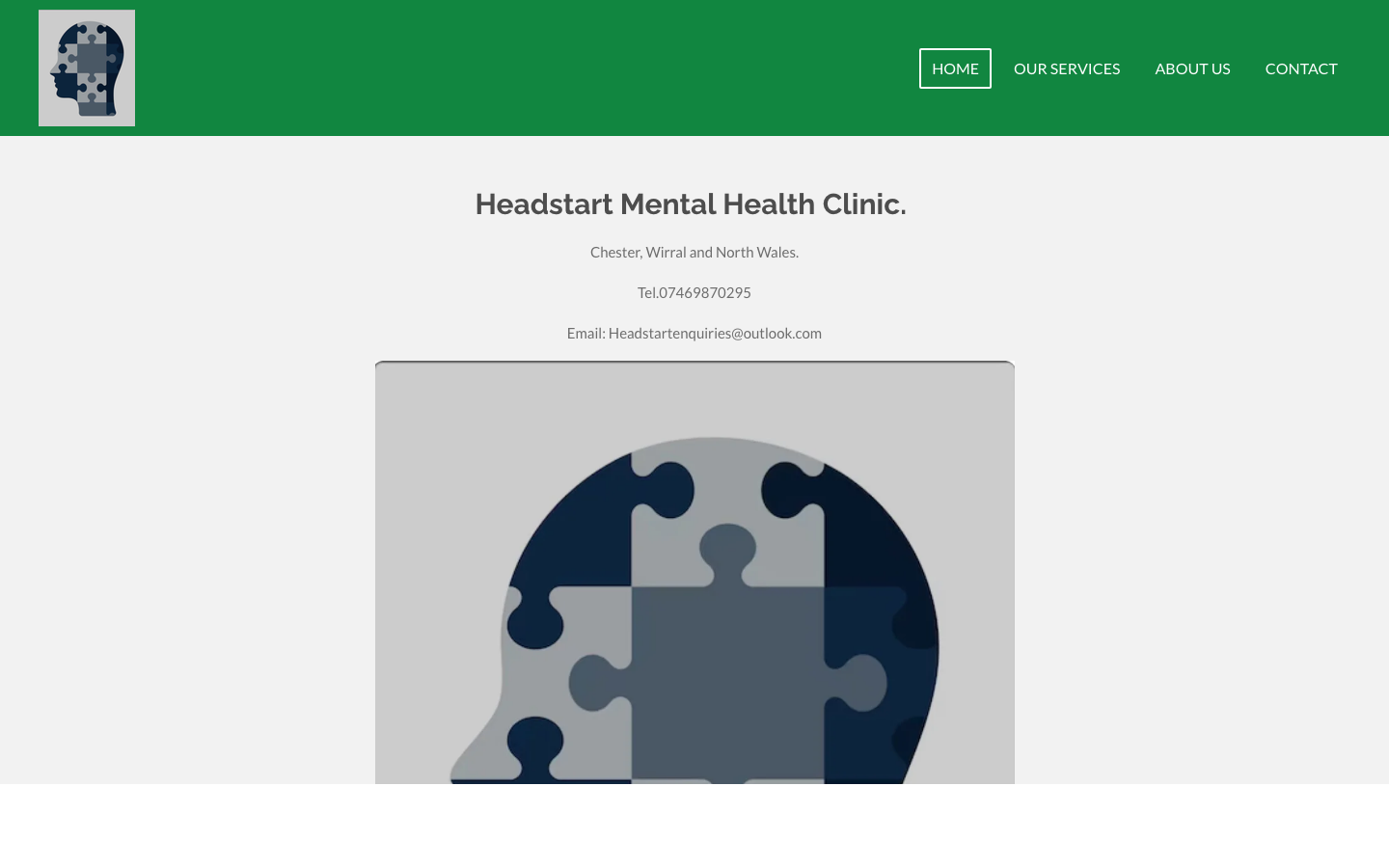 Head Start Mental Health Clinic's old website, a dated green-header template with a puzzle-piece logo.
